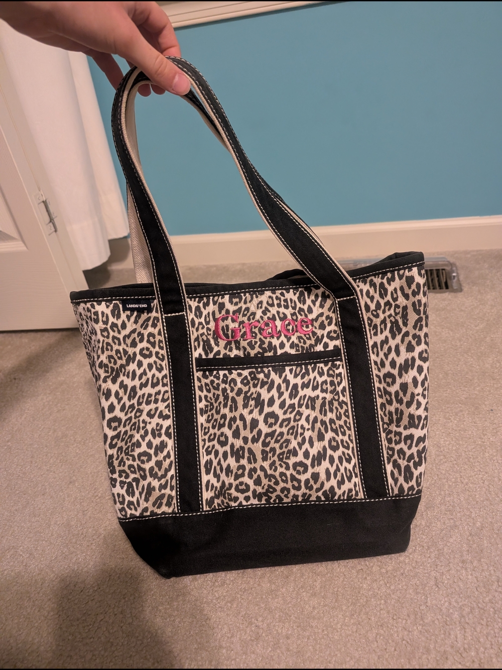Land's End Cheetah Print 100% Cotton Tote Bag With Embroidered Grace